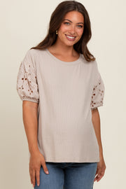 Taupe Short Puff Eyelet Lace Floral Sleeve Maternity Top