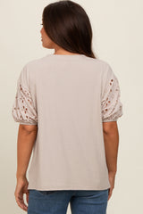 Taupe Short Puff Eyelet Lace Floral Sleeve Maternity Top