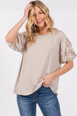 Taupe Short Puff Eyelet Lace Floral Sleeve Maternity Top