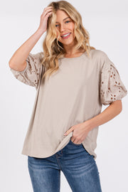 Taupe Short Puff Eyelet Lace Floral Sleeve Top