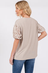 Taupe Short Puff Eyelet Lace Floral Sleeve Top