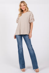 Taupe Short Puff Eyelet Lace Floral Sleeve Top