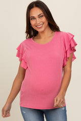 Fuchsia Ruffle Sleeve Ribbed Maternity Top