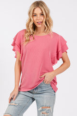 Fuchsia Ruffle Sleeve Ribbed Top