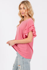 Fuchsia Ruffle Sleeve Ribbed Top