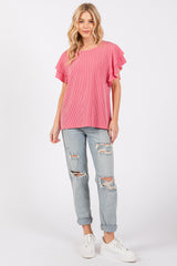 Fuchsia Ruffle Sleeve Ribbed Top