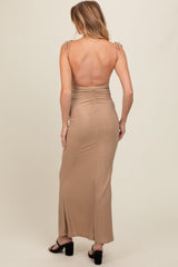 Gold Glitter Shoulder Tie Open Back Maternity Maxi Dress