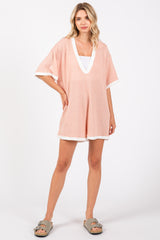 Peach Contrast Knit Maternity Romper