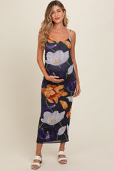 Navy Blue Floral Mesh Sleeveless Maternity Maxi Dress