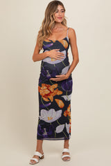 Navy Blue Floral Mesh Sleeveless Maternity Maxi Dress