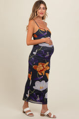 Navy Blue Floral Mesh Sleeveless Maternity Maxi Dress