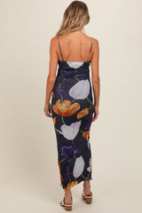 Navy Blue Floral Mesh Sleeveless Maternity Maxi Dress