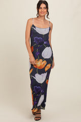 Navy Blue Floral Mesh Sleeveless Maxi Dress