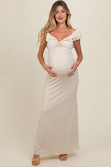 Beige Glitter Sweetheart Neck Ruffle Off Shoulder Maternity Maxi Dress