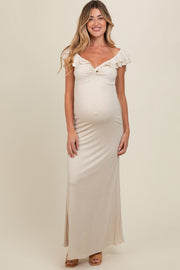 Beige Glitter Sweetheart Neck Ruffle Off Shoulder Maternity Maxi Dress