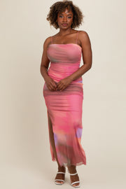 Pink Abstract Print Ruched Side Slit Maxi Dress