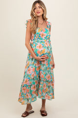 Aqua Watercolor Floral Ruffle Accent Maternity Midi Dress