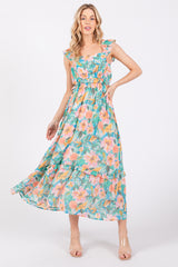 Aqua Watercolor Floral Ruffle Accent Midi Dress