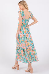 Aqua Watercolor Floral Ruffle Accent Midi Dress