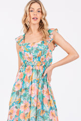 Aqua Watercolor Floral Ruffle Accent Midi Dress