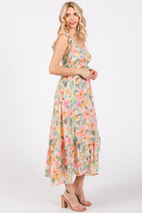 Ivory Watercolor Floral Ruffle Accent Midi Dress