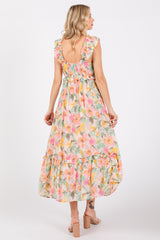 Ivory Watercolor Floral Ruffle Accent Midi Dress