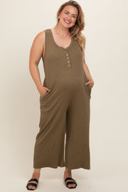 Olive Ribbed Button Front Sleeveless Plus Maternity Jumpsuit