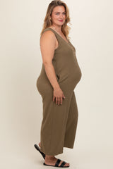 Olive Ribbed Button Front Sleeveless Plus Maternity Jumpsuit