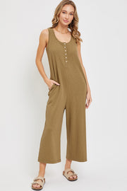 Olive Ribbed Button Front Sleeveless Jumpsuit