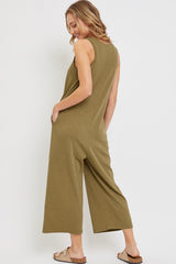 Olive Ribbed Button Front Sleeveless Jumpsuit