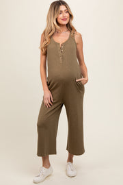 Olive Ribbed Button Front Sleeveless Maternity Jumpsuit