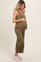 Olive Ribbed Button Front Sleeveless Maternity Jumpsuit