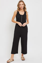 Black Ribbed Button Front Sleeveless Jumpsuit