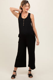 Black Ribbed Button Front Sleeveless Maternity Jumpsuit