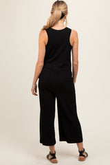 Black Ribbed Button Front Sleeveless Maternity Jumpsuit