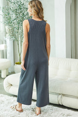 Charcoal Ribbed Button Front Sleeveless Jumpsuit