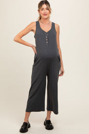 Charcoal Ribbed Button Front Sleeveless Maternity Jumpsuit