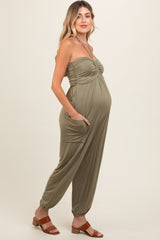 Light Olive Halter Cinched Maternity Jumpsuit