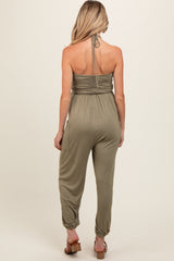 Light Olive Halter Cinched Maternity Jumpsuit