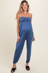 Blue Halter Cinched Maternity Jumpsuit