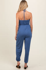 Blue Halter Cinched Maternity Jumpsuit