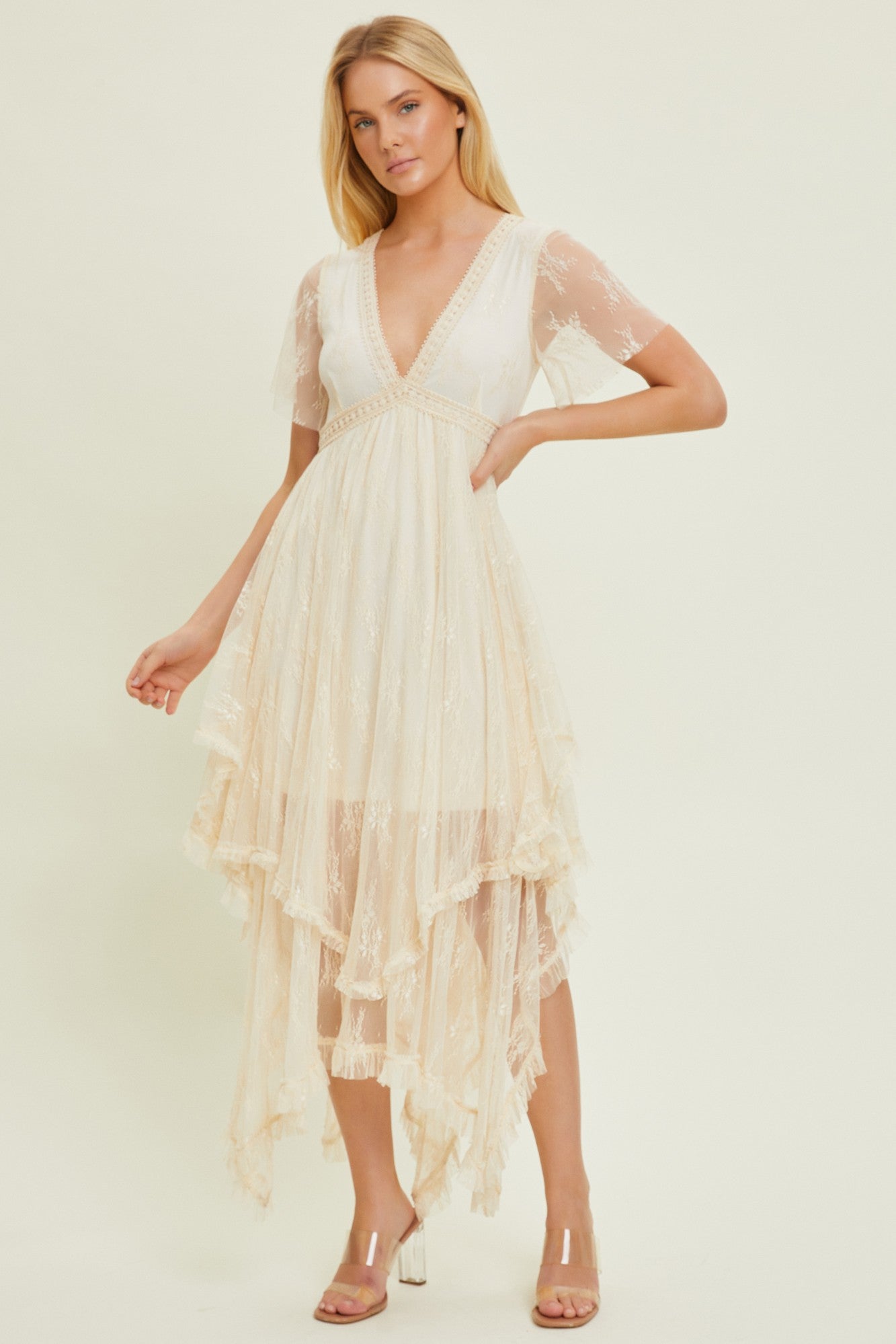 Cream Lace Tea Length Dress