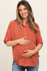 Rust Linen Dolman Half Sleeve Button Down Maternity Top