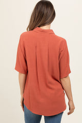 Rust Linen Dolman Half Sleeve Button Down Maternity Top