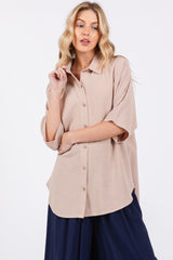 Beige Linen Dolman Half Sleeve Button Down Maternity Top