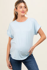 Light Blue Rolled Cuff Maternity Short Sleeve Top