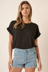 Black Rolled Cuff Short Sleeve Top