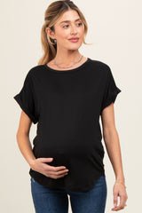 Black Rolled Cuff Maternity Short Sleeve Top