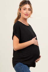 Black Rolled Cuff Maternity Short Sleeve Top