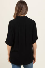 Black Linen Dolman Half Sleeve Button Down Maternity Top